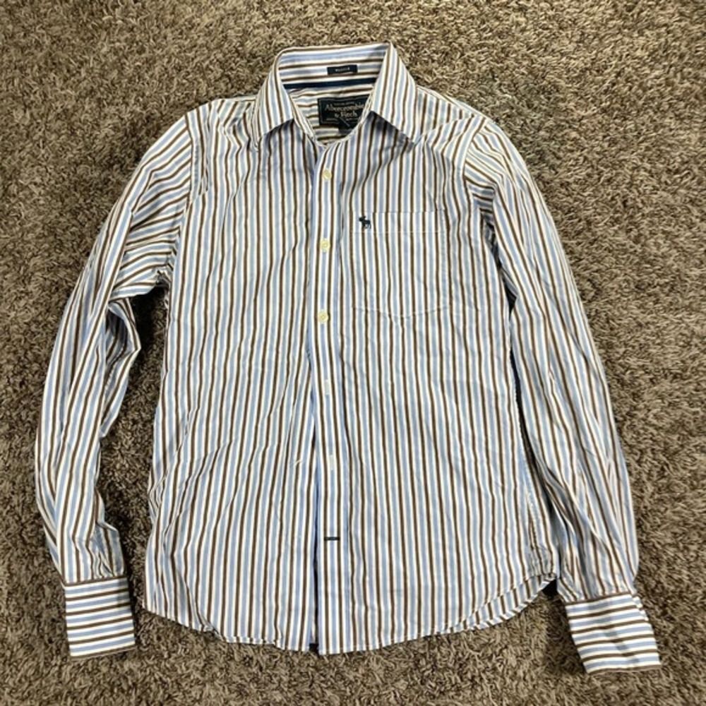 Abercrombie & Fitch Mens Small White Gray Striped  Fit Long Sleeve Shirt